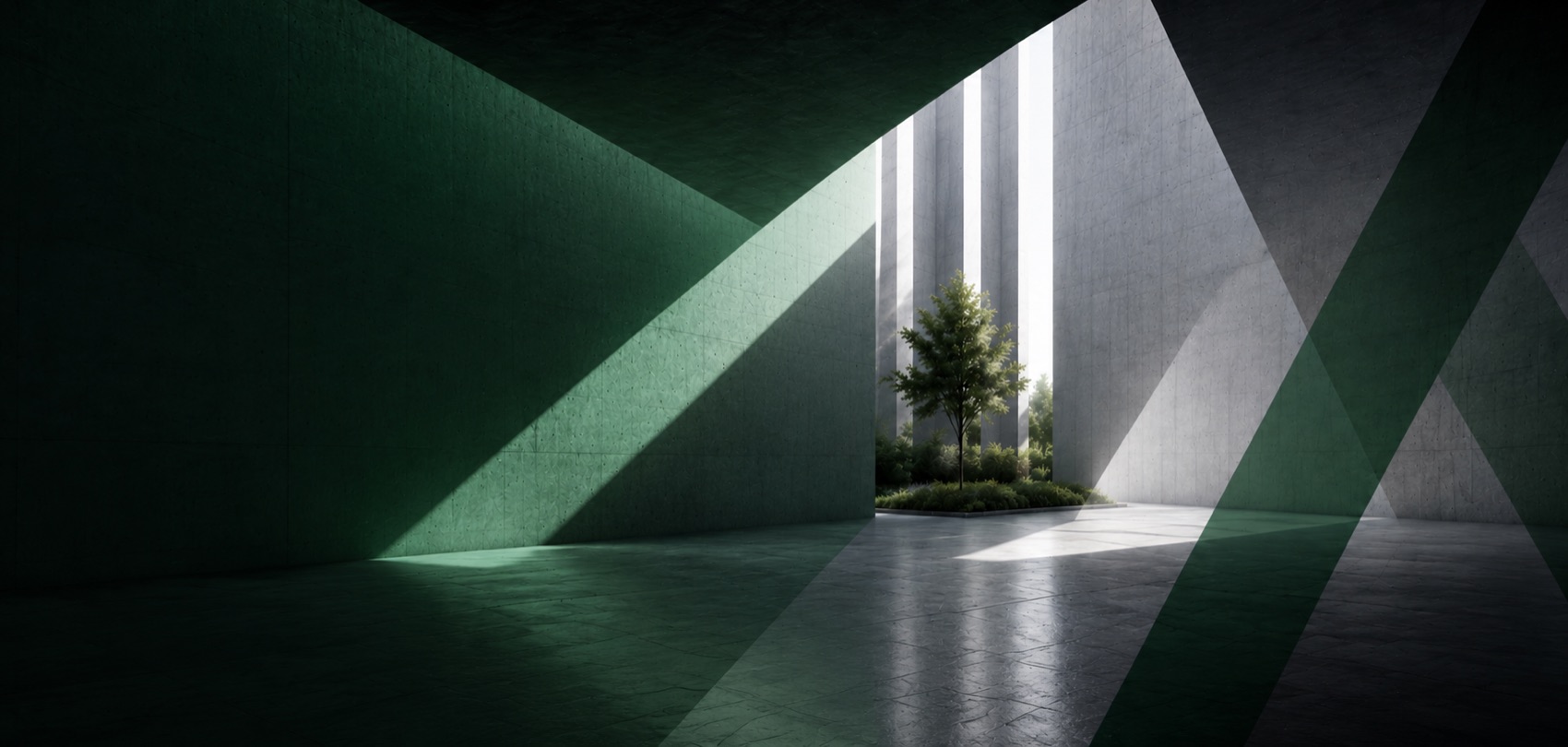 Interior de beton cu lumină naturală și accent verde